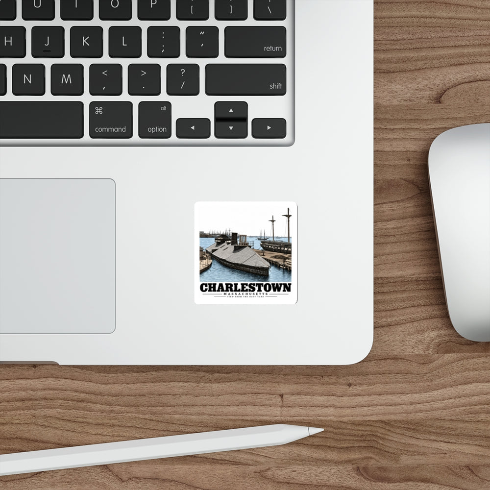 Navy Yard waterfront sticker applied beside laptop keyboard