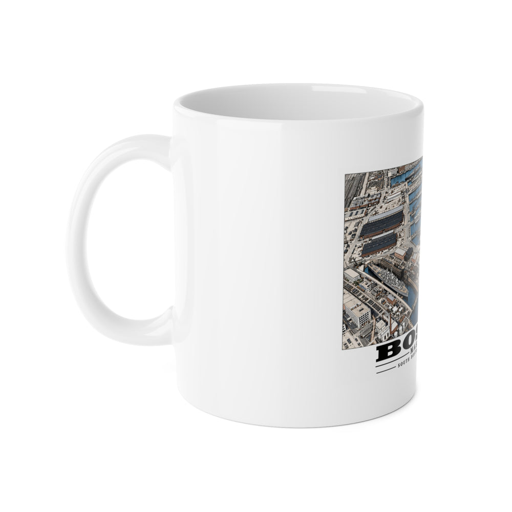 Aerial view of US Naval Dry Dock-BB-61 USS IOWA in dry dock #3-USS BUNKER HILL at East Jetty-AP-21 USS WAKEFIELD at pier 11 oz White Ceramic Mug - Boston Harbor