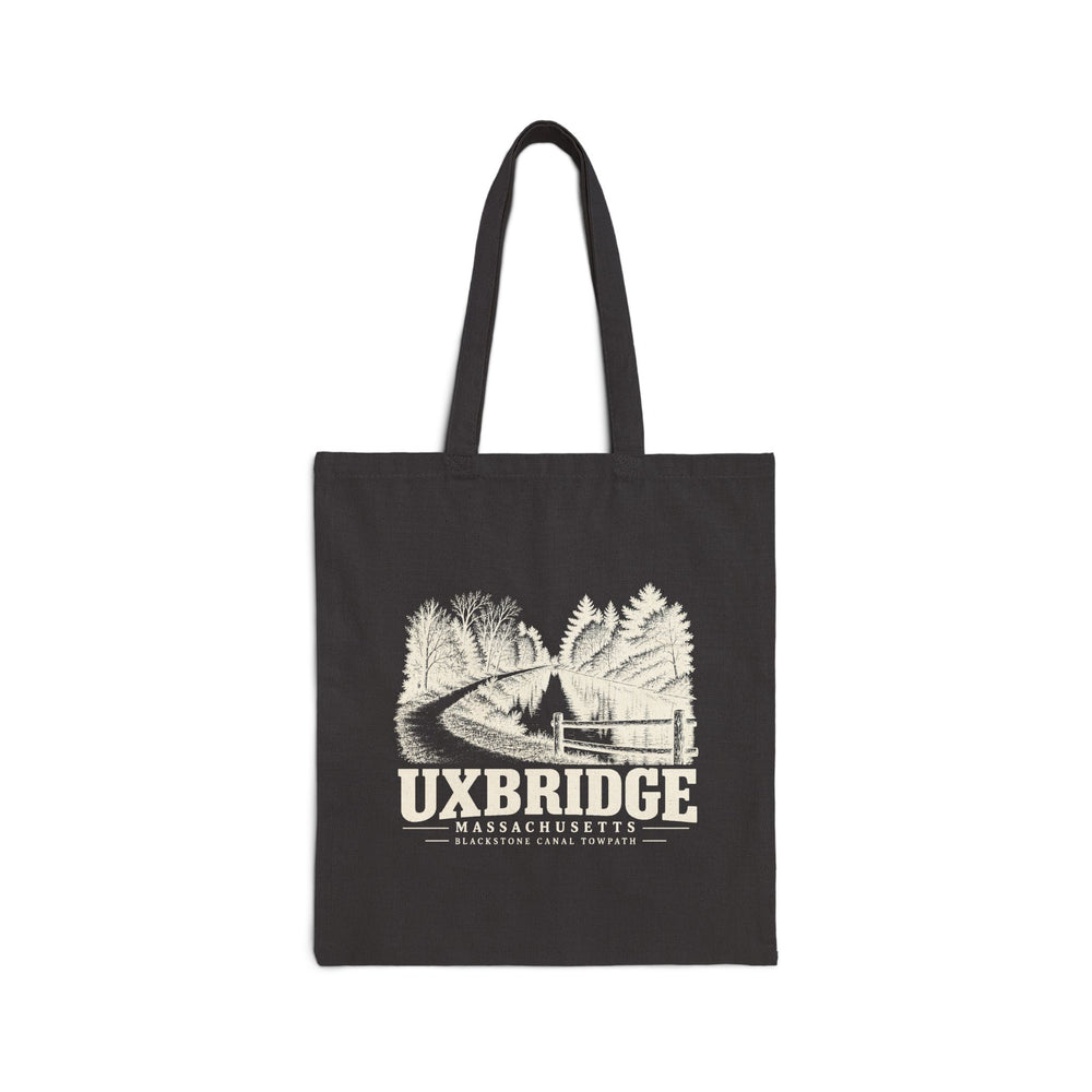 Black canvas tote with Uxbridge Tow Path artwork, front view