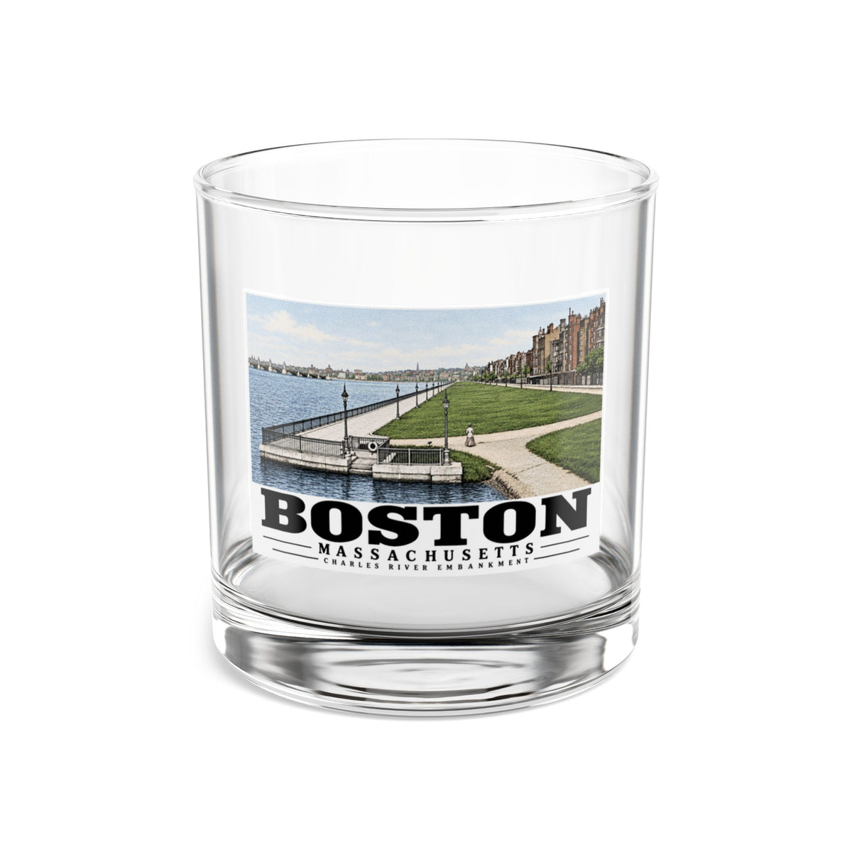 Clear rocks glass showing Charles River Embankment riverside path, lawn and buildings artwork and Boston lettering