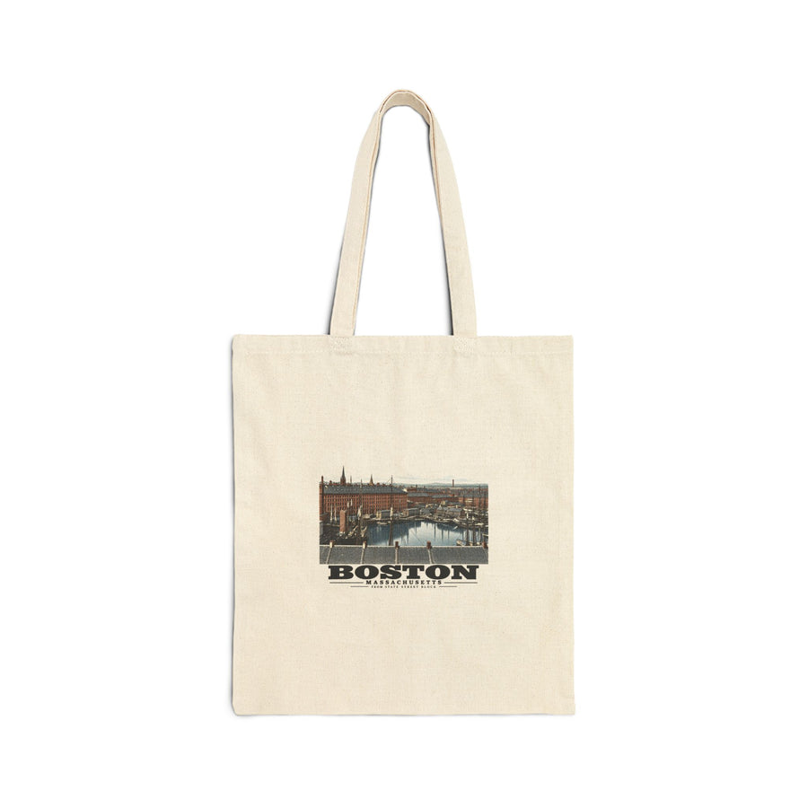 Natural fabric tote with Boston waterfront buildings, wharves, boats and harbor water artwork and Boston lettering