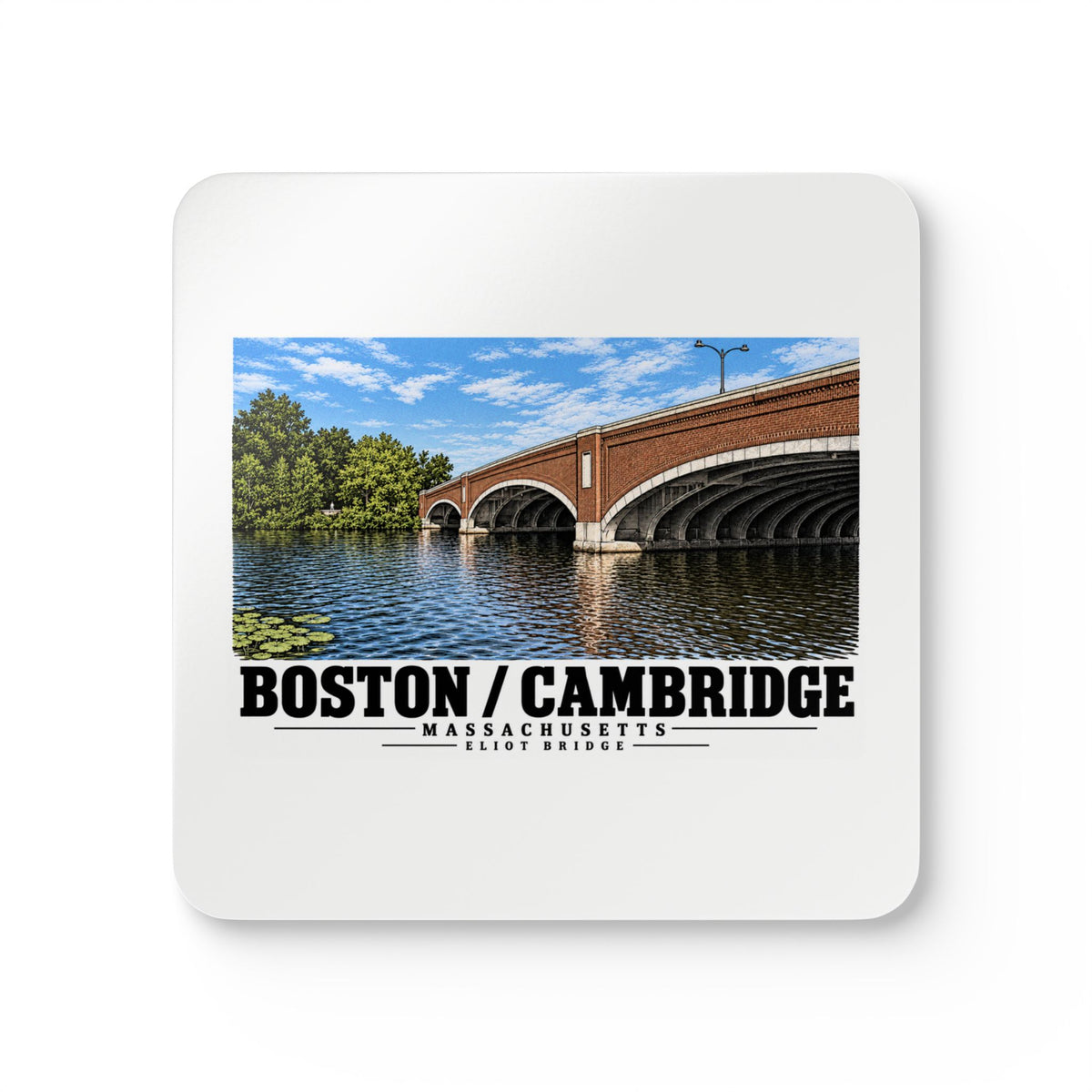 White square coaster showing Eliot Bridge close red brick arch view artwork and Boston/Cambridge lettering