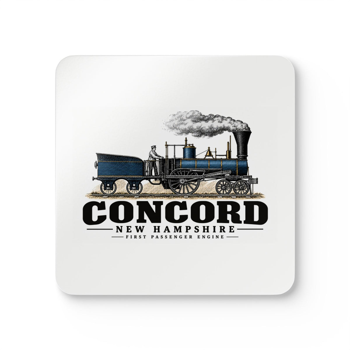 Front of First Passenger Engine square cork-backed coaster set, Concord, New Hampshire.