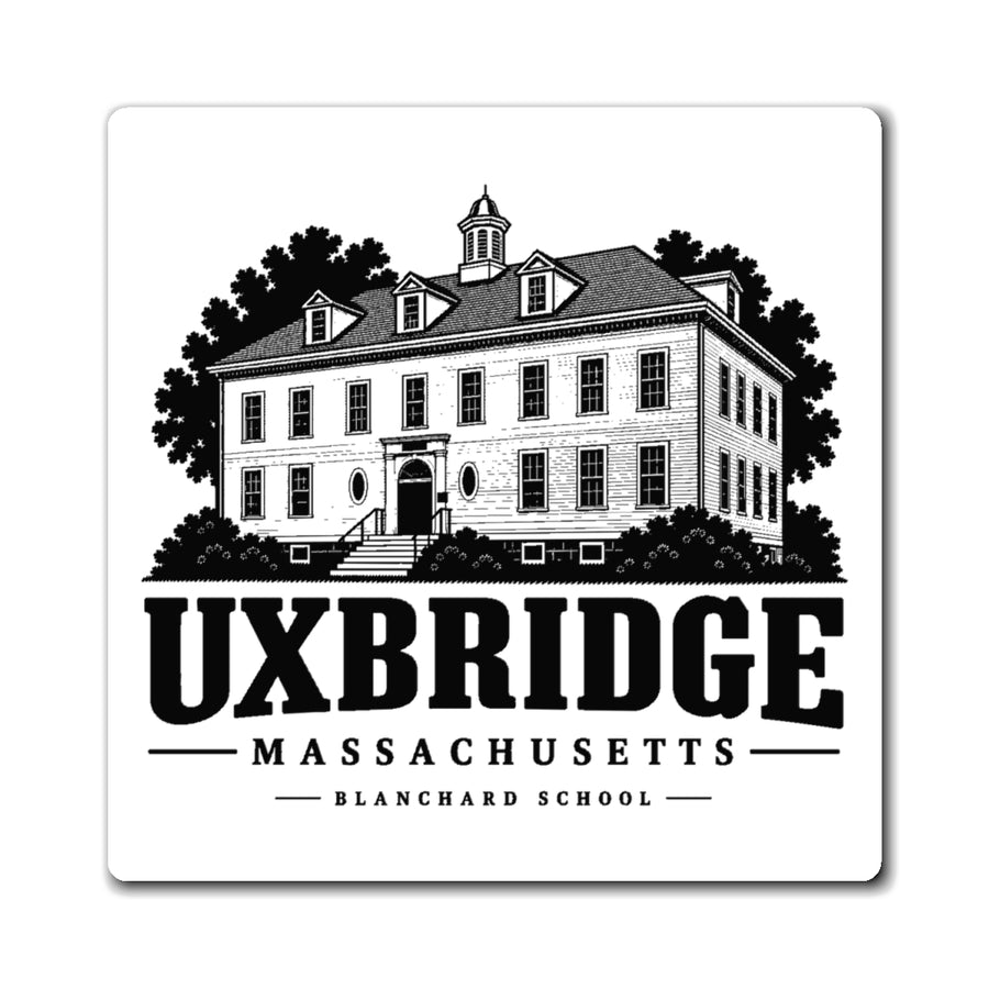 Front view of the Uxbridge Blanchard School 4-inch square magnet with design