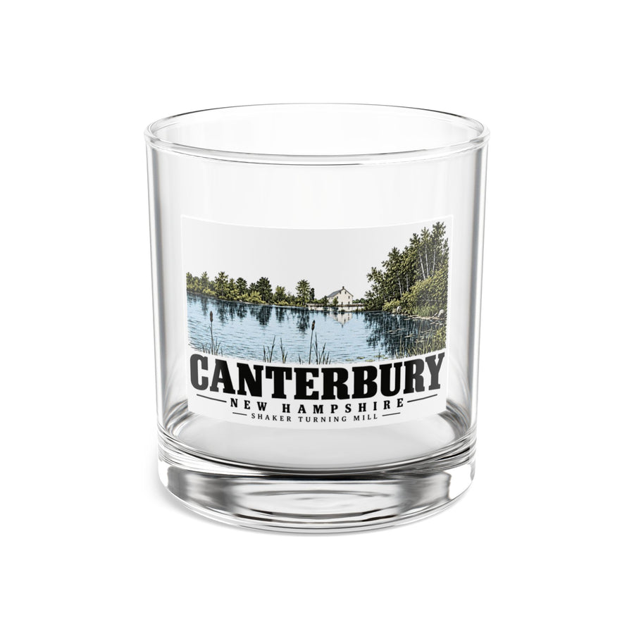 Front of Shaker Turning Mill rocks glass, with Canterbury, New Hampshire artwork and lettering.