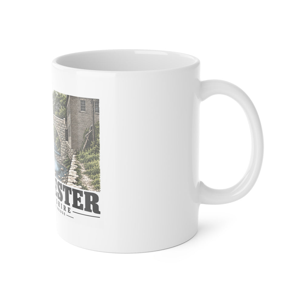 Manchester South Main Street stone-arch bridge 11 oz White Ceramic Mug - Merrimack Valley Goods