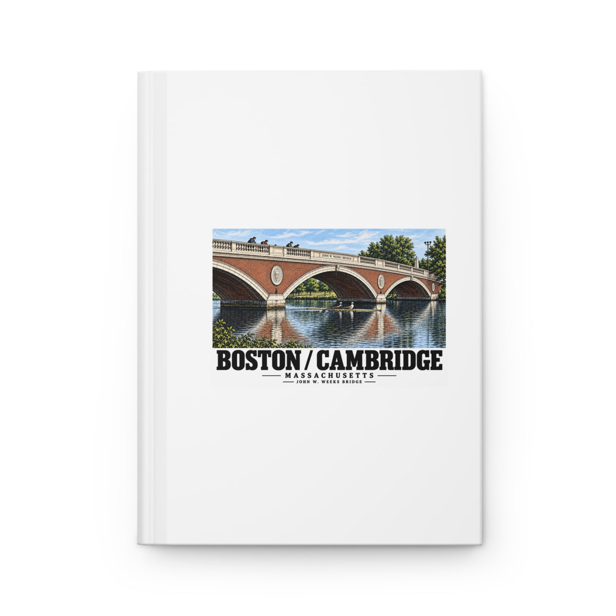White hardcover journal with John W. Weeks Bridge and scullers artwork and Boston/Cambridge lettering