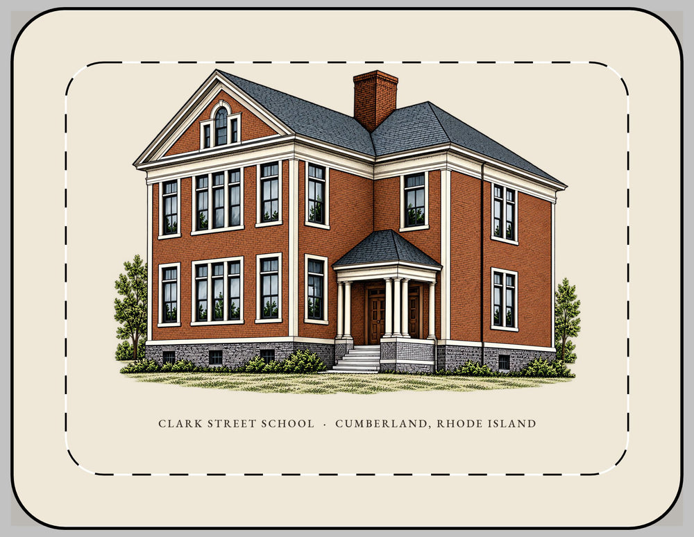 Cumberland Clark Street School 13-inch laptop sleeve mockup showing the full illustrated print