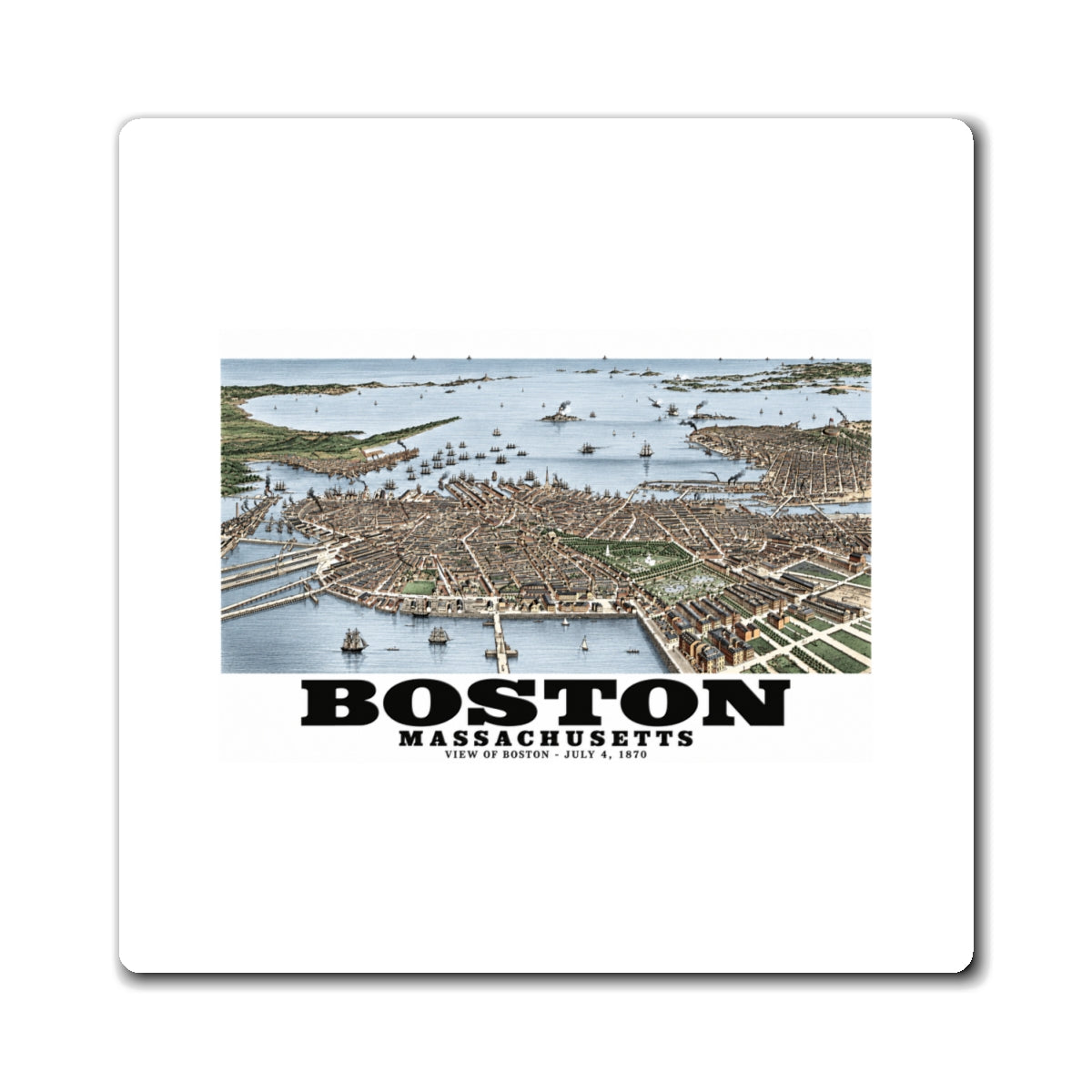 White rectangular magnet showing historic Boston harbor panorama with boats and waterfront buildings artwork and Boston lettering