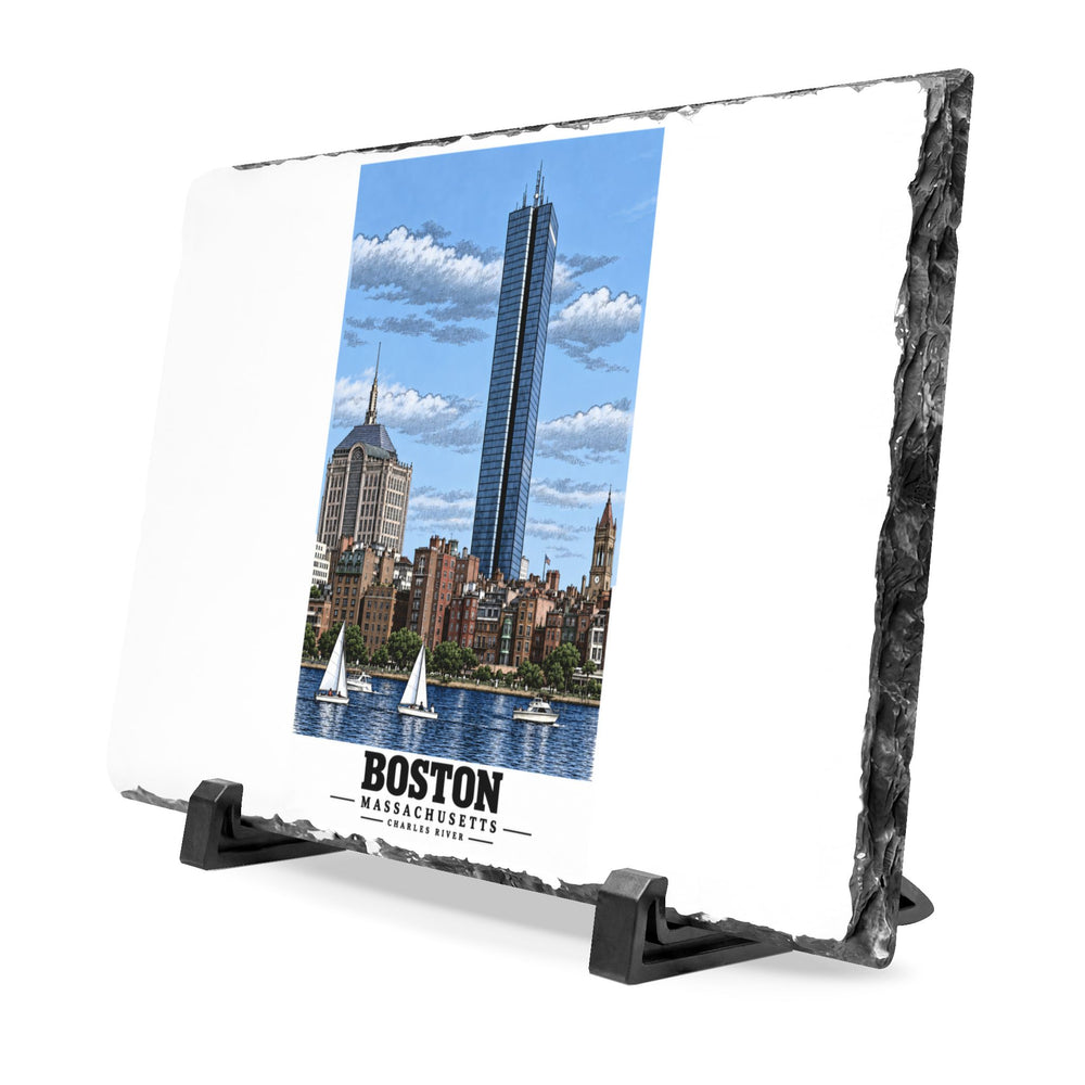 Illustrated Boston, Massachusetts, from the Charles River in Boston and Cambridge on slate desk plaque