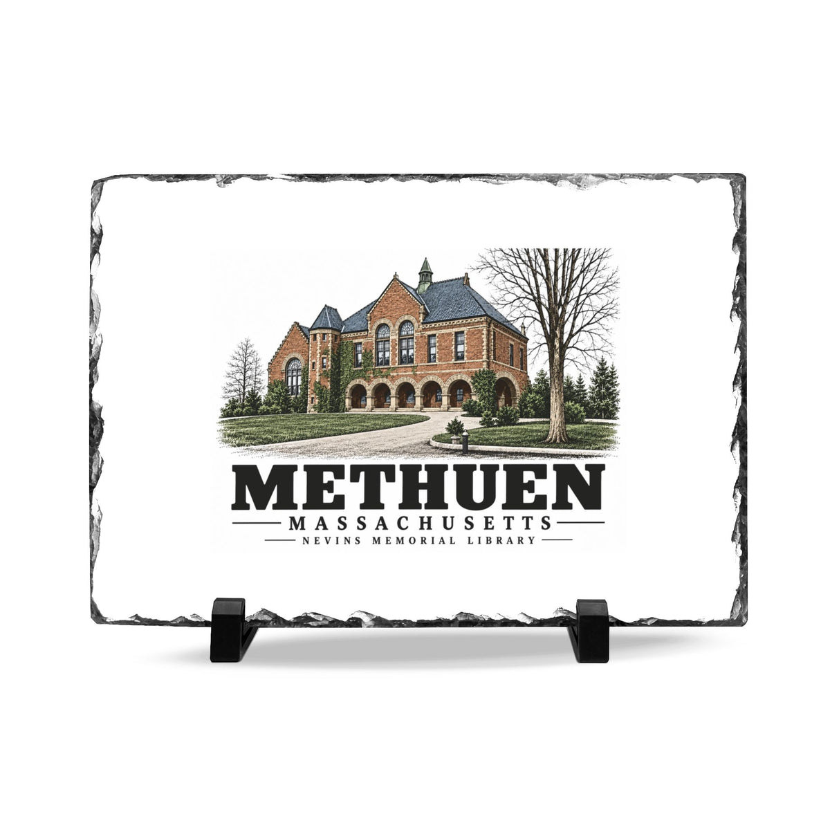 Front on display stands of Nevins Memorial Library slate desk plaque, with Methuen, Massachusetts artwork and lettering.