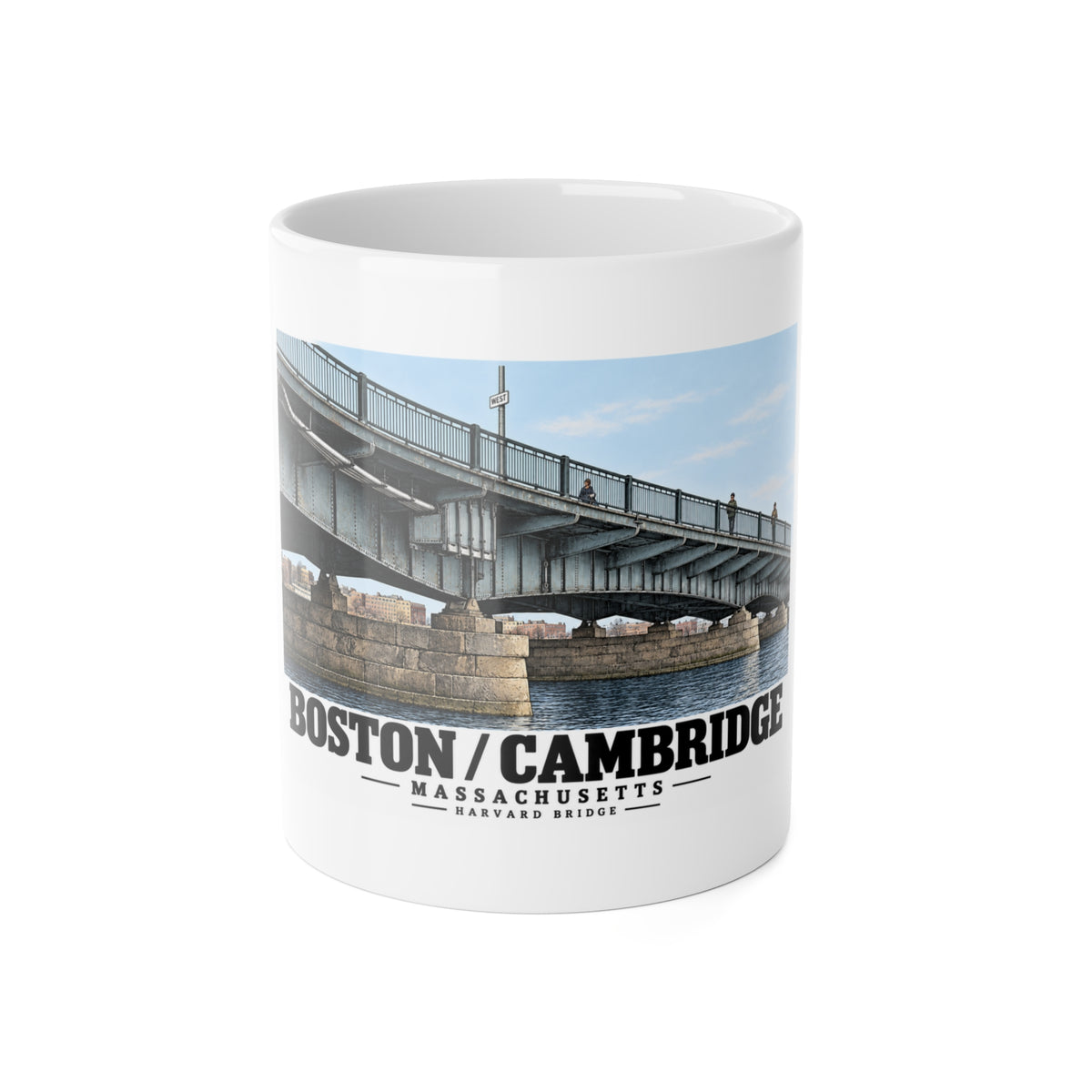 White mug front with Harvard Bridge artwork and Boston/Cambridge lettering