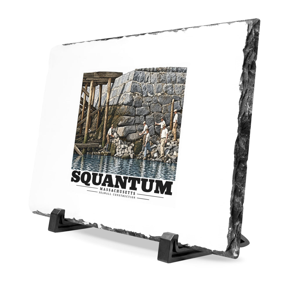 Repairing seawall near administration Building, Squantum 7 × 11 in Slate Desk Plaque - Boston Harbor