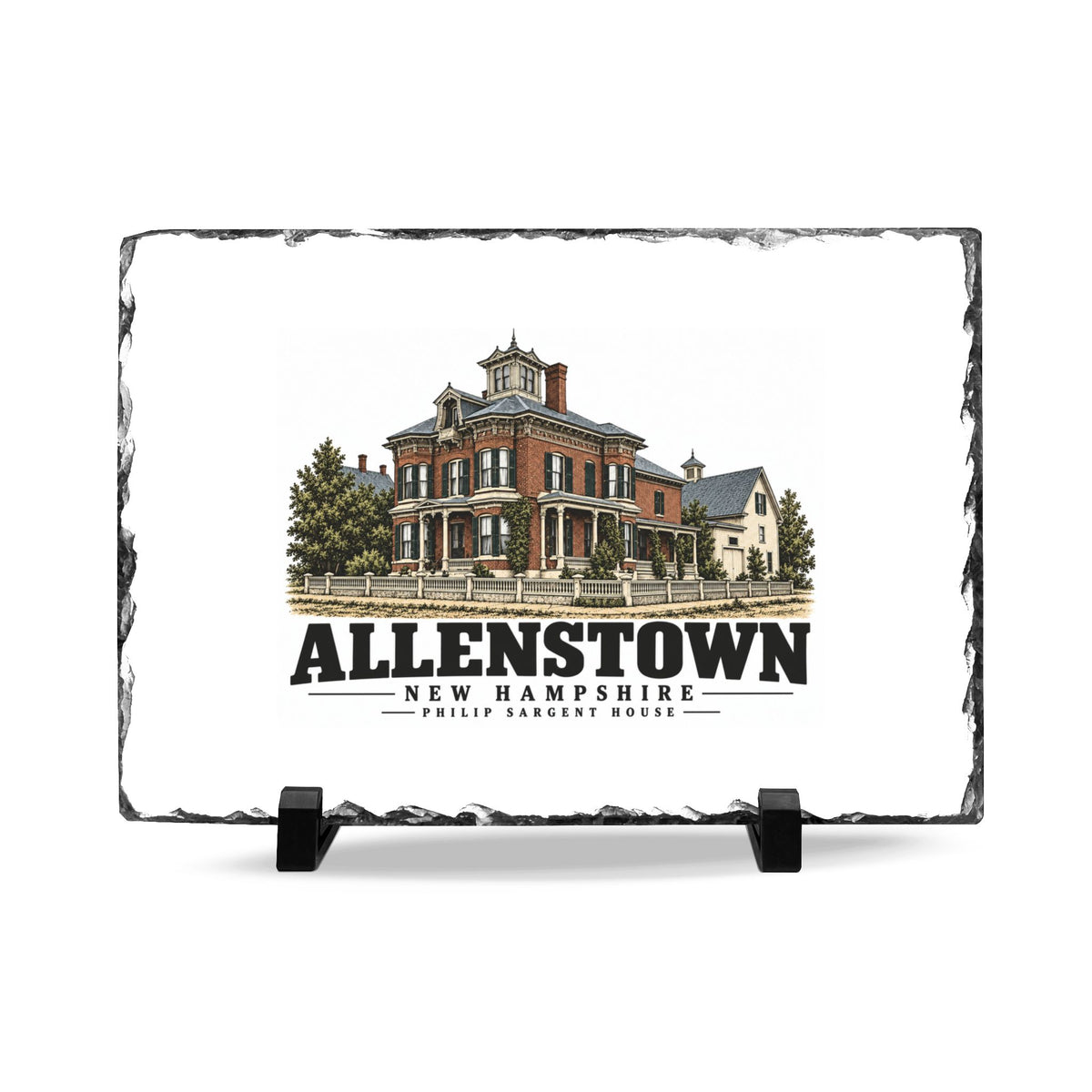 Front on display stands of Philip Sargent House slate desk plaque, with Allenstown, New Hampshire artwork and lettering.
