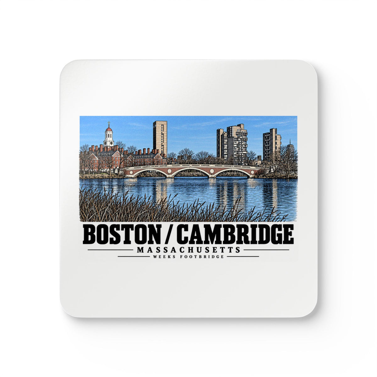 White square coaster showing Weeks Footbridge stone arches and riverside towers artwork and Boston/Cambridge lettering