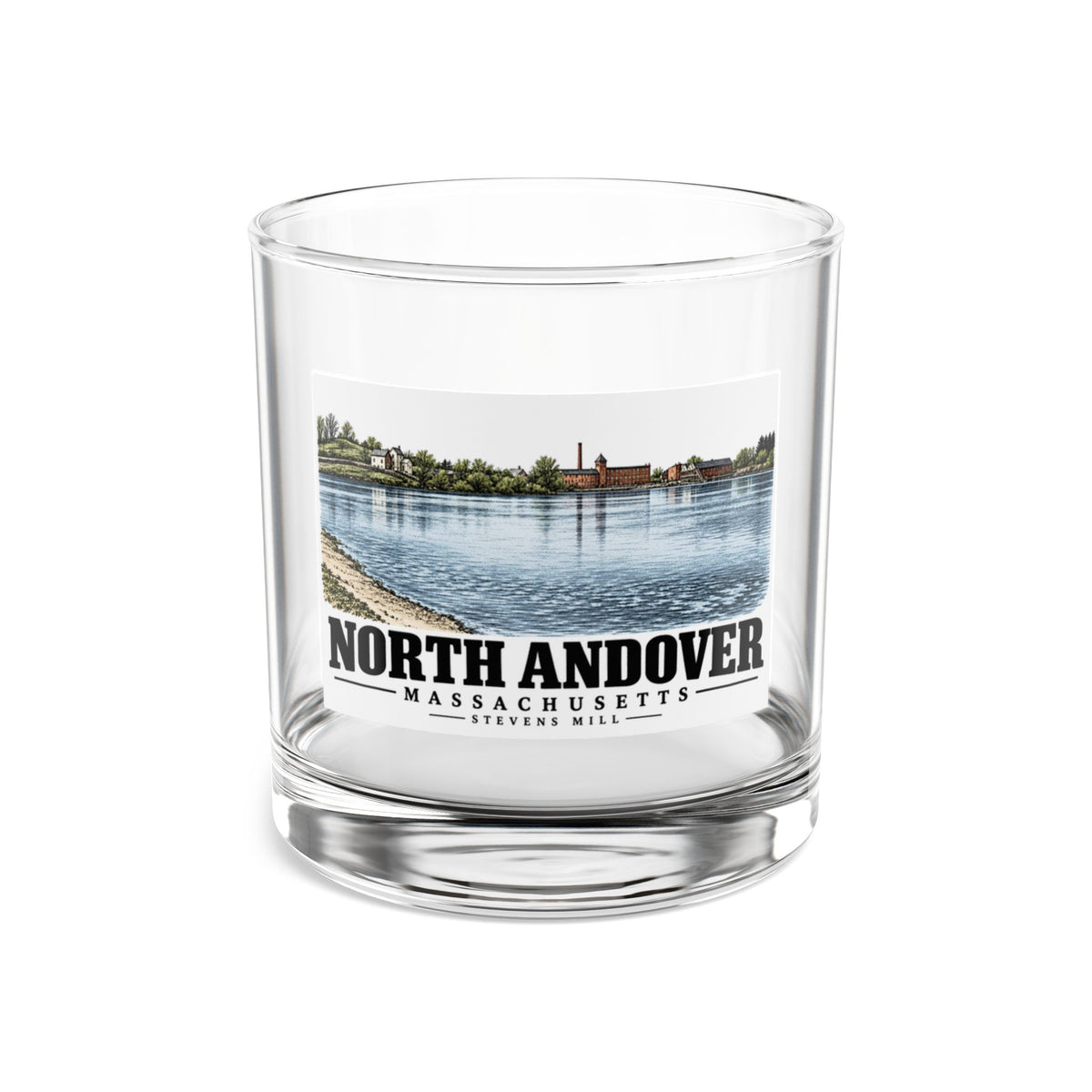 Front of Stevens Mill rocks glass, with North Andover, Massachusetts artwork and lettering.