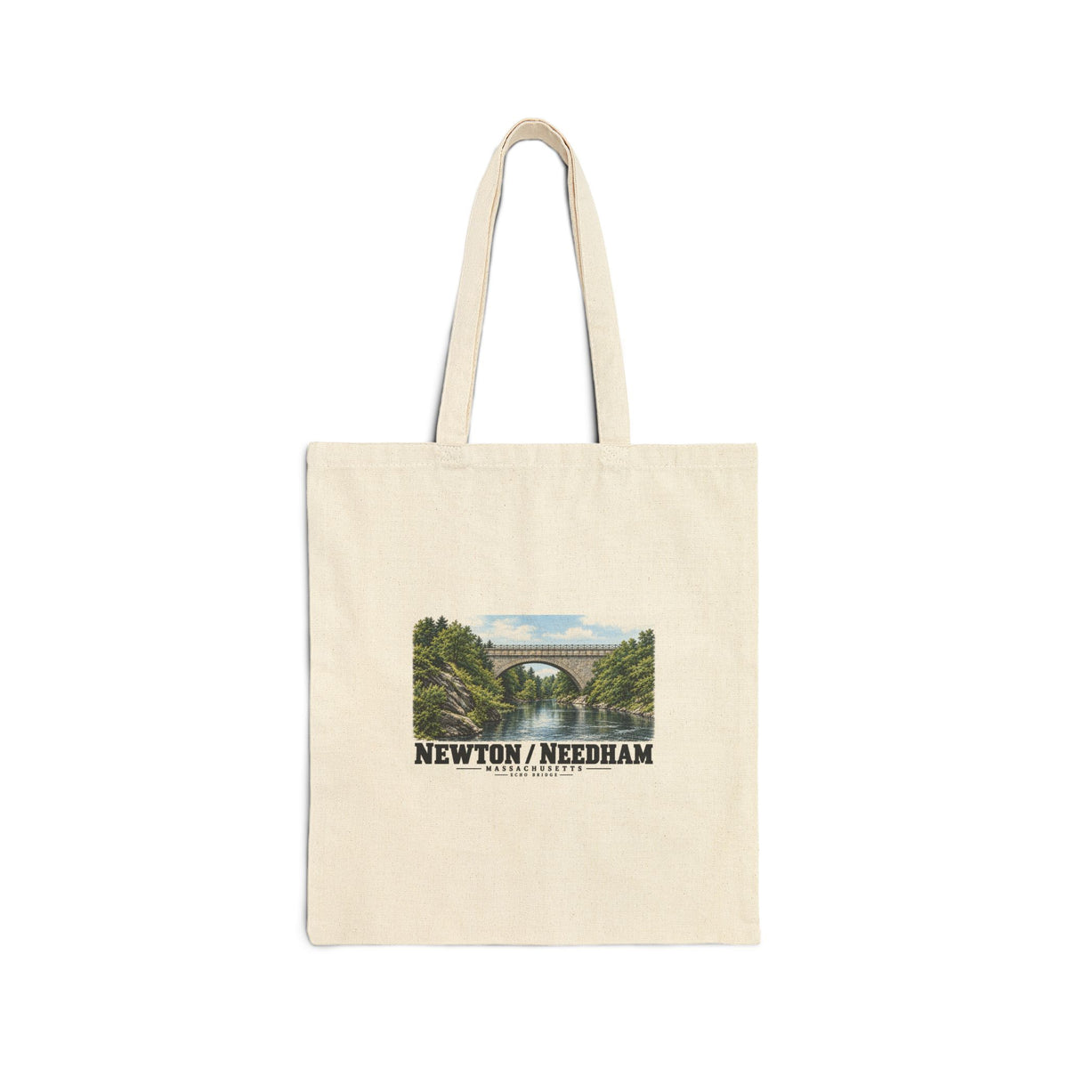 Natural canvas tote front with Echo Bridge artwork showing a stone arch over a river and trees, with Newton/Needham lettering.
