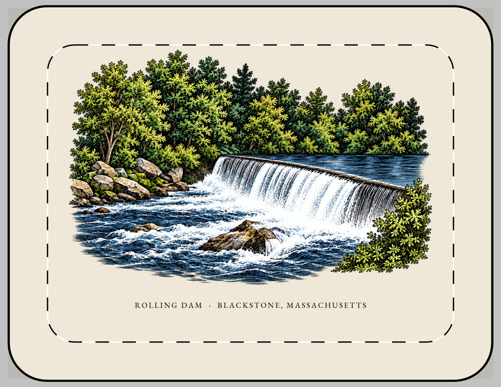 Blackstone Rolling Dam 13-inch laptop sleeve mockup showing the full illustrated print