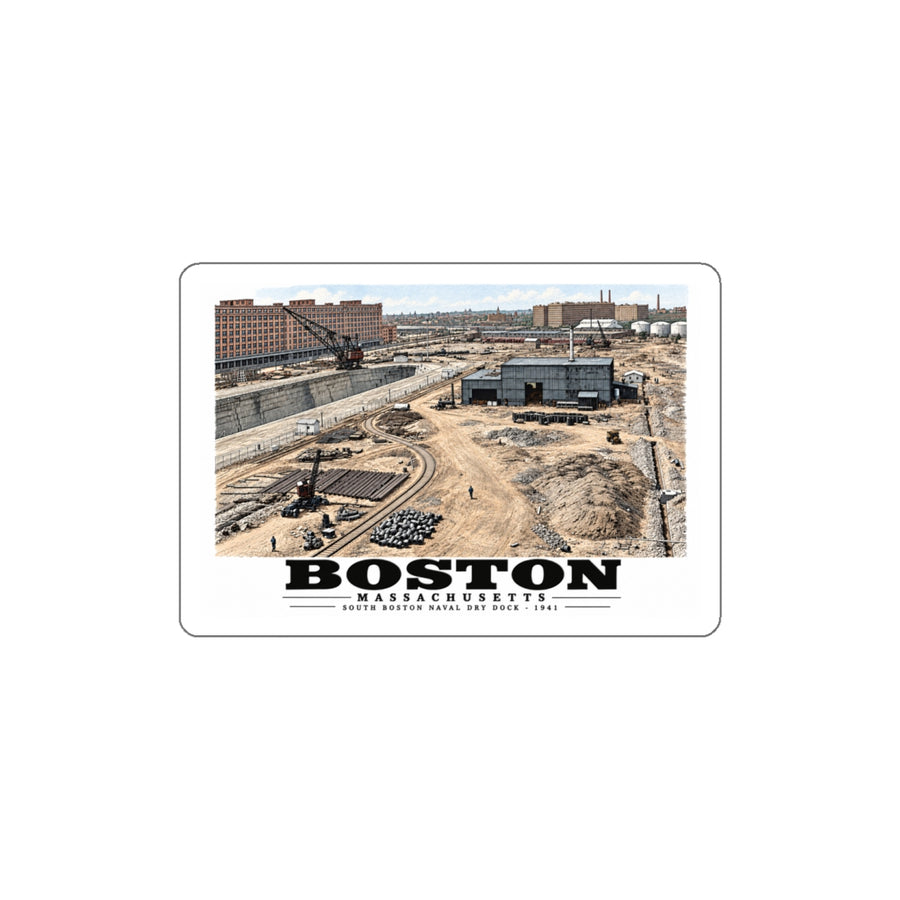 South Boston Dry Dock Area April 16-41 from roof of elevator shaft NW 4 in White Die-Cut Sticker - Boston Harbor
