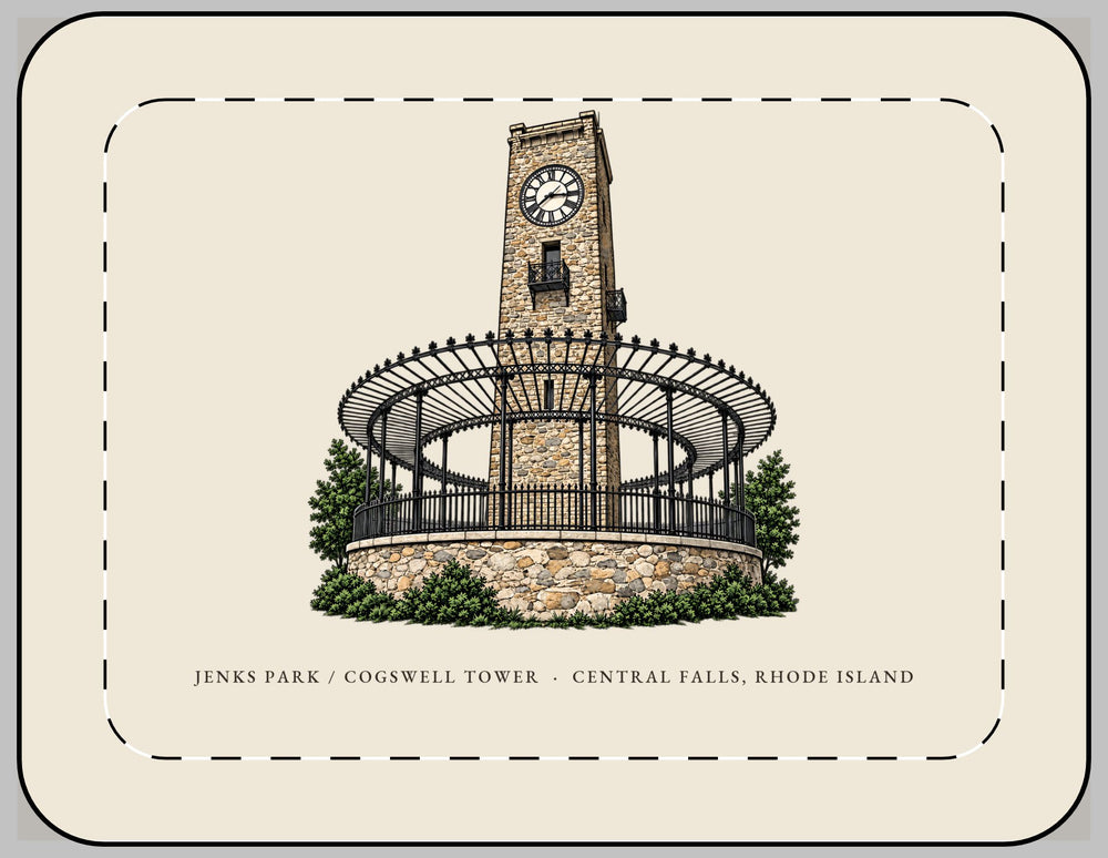 Central Falls Jenks Park / Cogswell Tower 13-inch laptop sleeve mockup showing the full illustrated print
