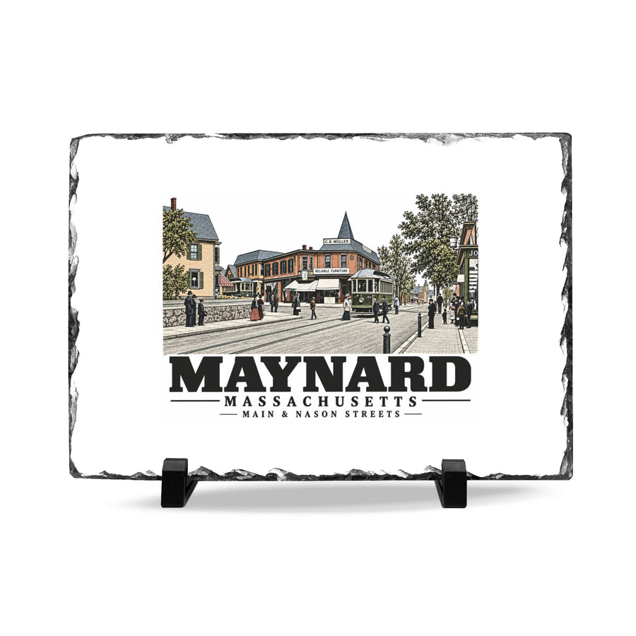 Illustrated Main & Nason Streets in Maynard on slate desk plaque