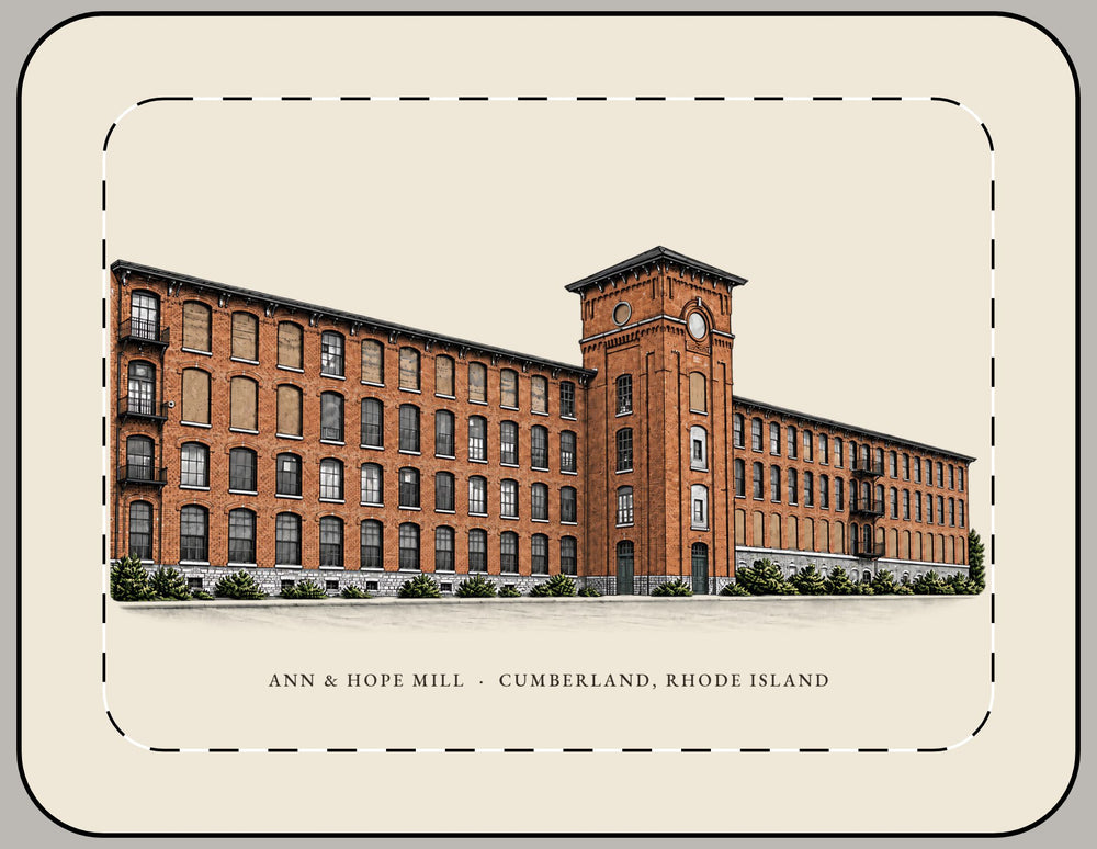 Cumberland Ann & Hope Mill 15-inch laptop sleeve mockup showing the full illustrated print