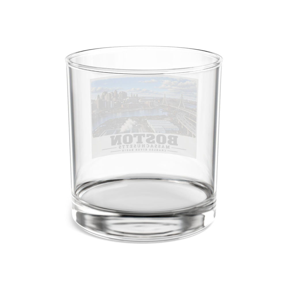 Rear view of clear rocks glass with Boston skyline, cable-stayed bridge and Charles River basin print and reversed lettering visible through the glass