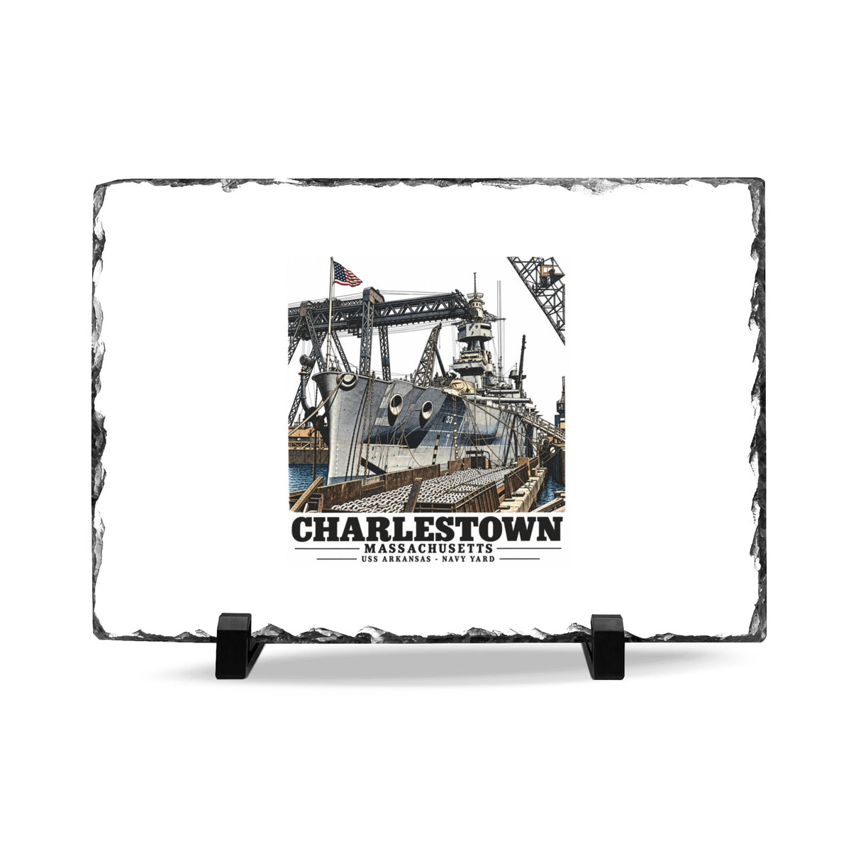 Illustrated USS Arkansas at Boston Navy Yard in Charlestown on slate desk plaque