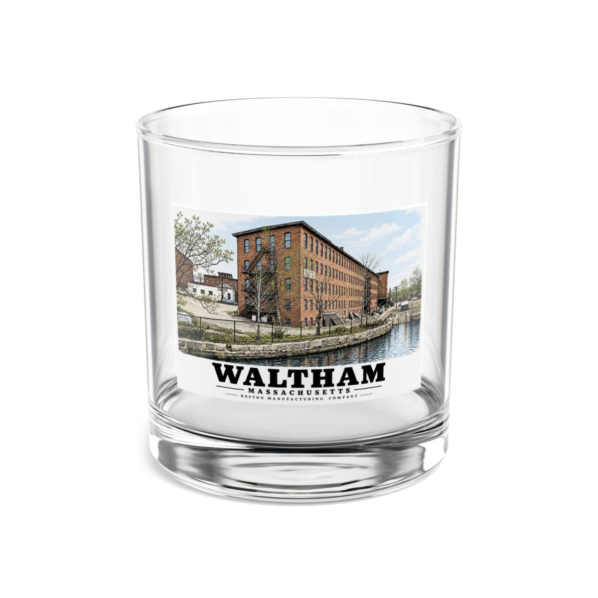 Illustrated Boston Manufacturing Company in Waltham on rocks glass