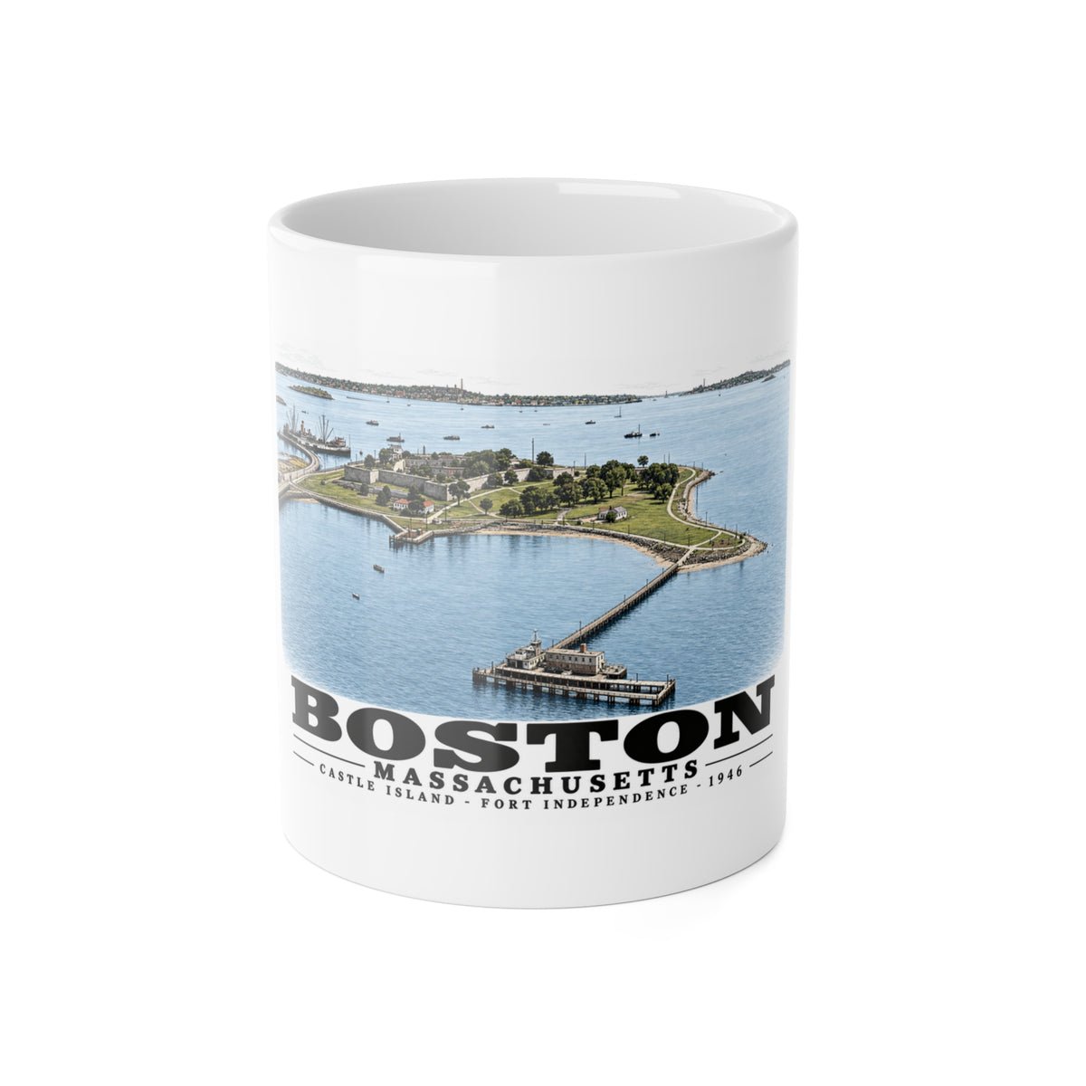 Castle Island, Boston 11 oz White Ceramic Mug - Boston Harbor