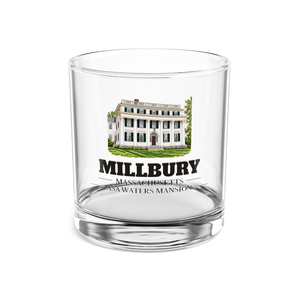 Front view of the Millbury Asa Waters Mansion artwork printed on a clear 10 oz rocks glass