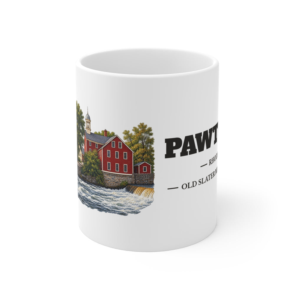 Pawtucket Old Slater Mill and Raceway 11 oz ceramic mug — artwork view, handle left — Familiar History