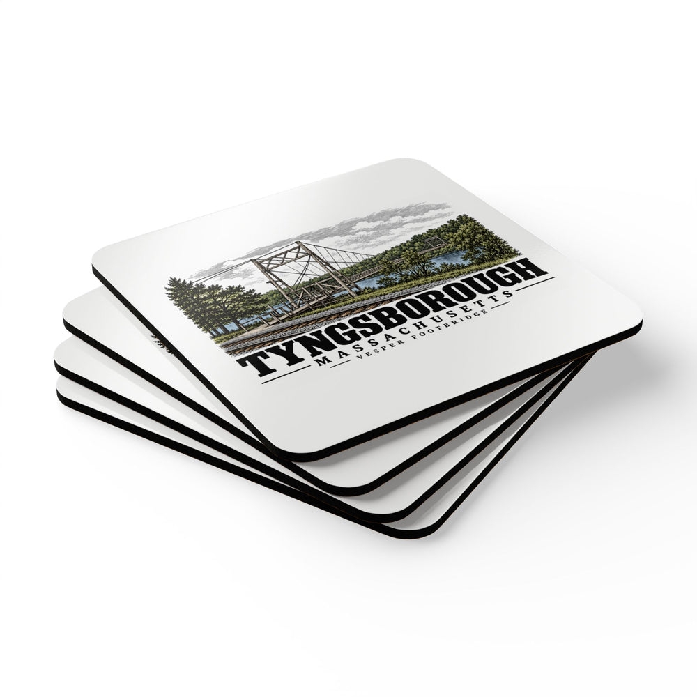 Tyngsborough Vesper suspension footbridge and railroad approach Cork Back Coaster Set - Merrimack Valley Goods