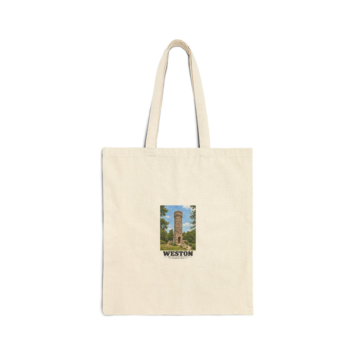 Illustrated Norumbega Tower in Weston on cotton canvas tote — natural canvas