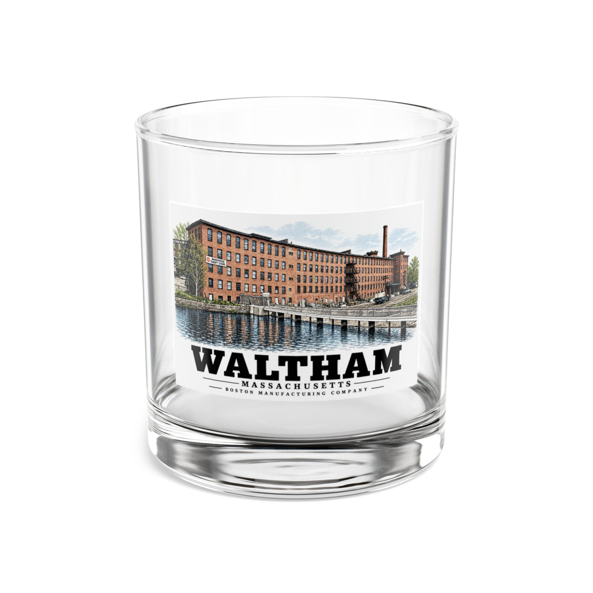 Illustrated Boston Manufacturing Company in Waltham on rocks glass