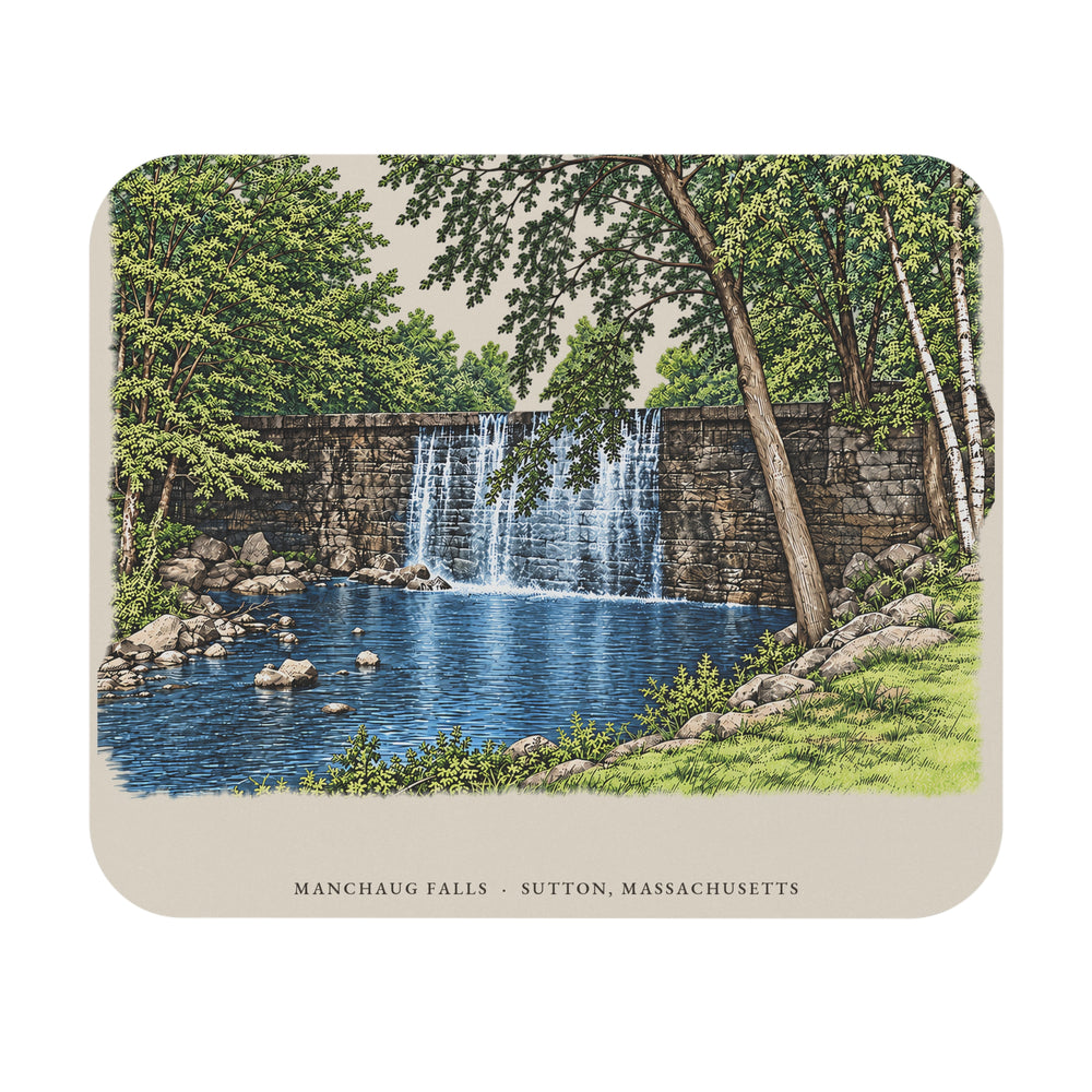 Sutton Manchaug Falls mouse pad mockup showing the full illustrated print