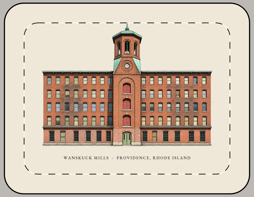 Providence Wanskuck Mills 15-inch laptop sleeve mockup showing the full illustrated print