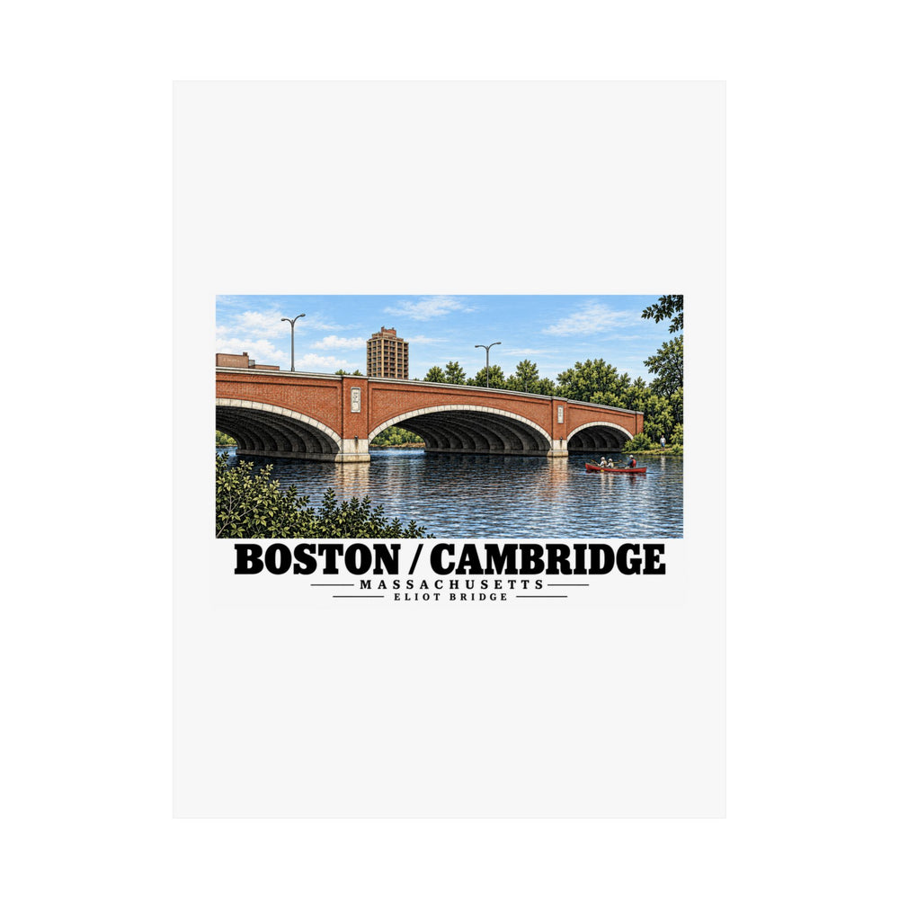 Flat Eliot Bridge red brick arches and boats poster with Boston/Cambridge lettering