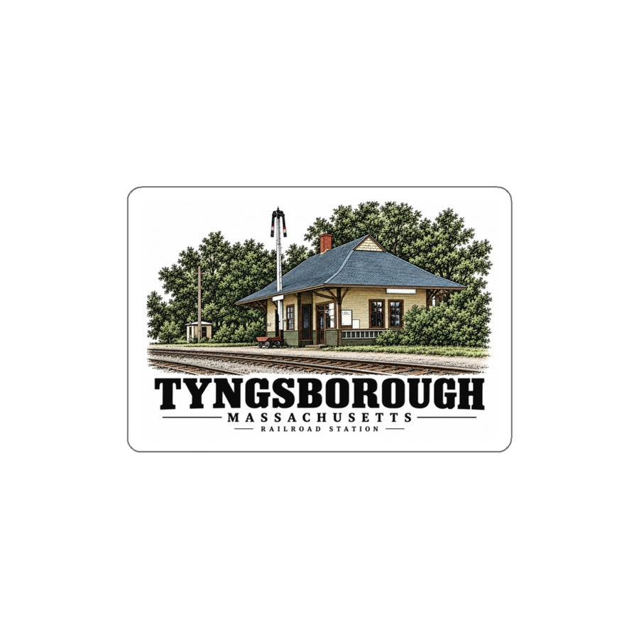 Front of Tyngsboro Railroad Station white die-cut sticker, Tyngsborough, Massachusetts.