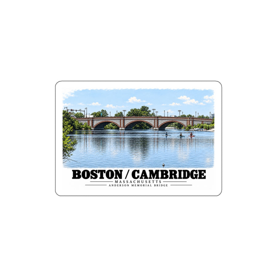 White bordered sticker showing Anderson Memorial Bridge and scullers artwork and Boston/Cambridge lettering