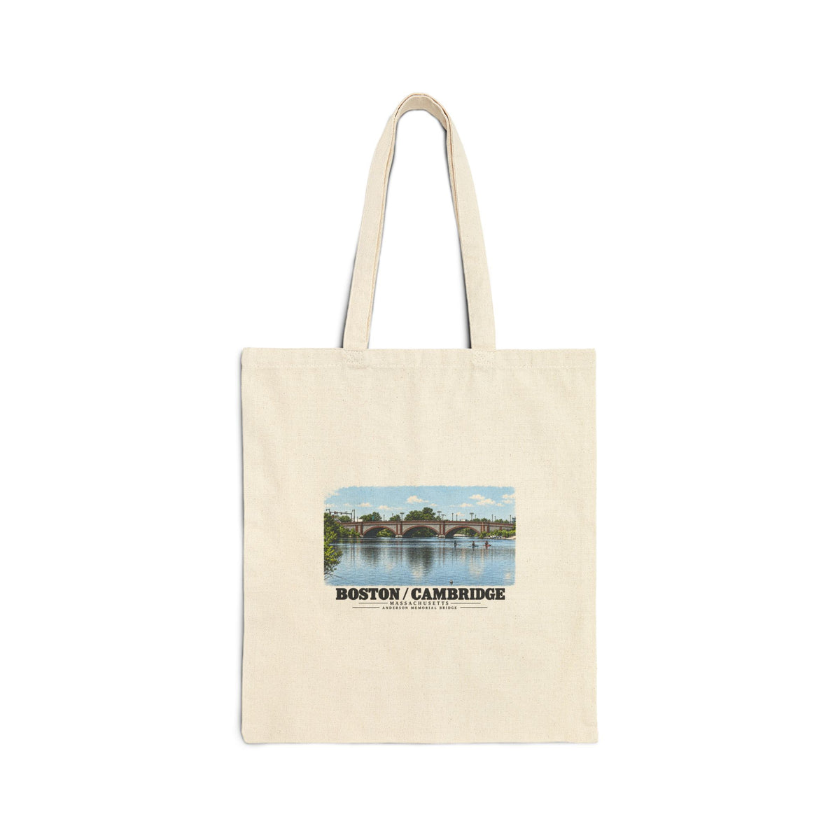 Natural fabric tote with Anderson Memorial Bridge and scullers artwork and Boston/Cambridge lettering