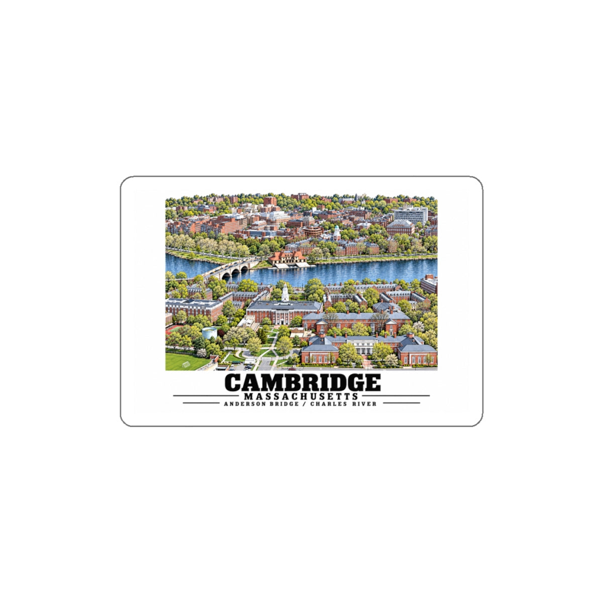 White sticker with Cambridge and Charles River aerial artwork and Cambridge lettering.