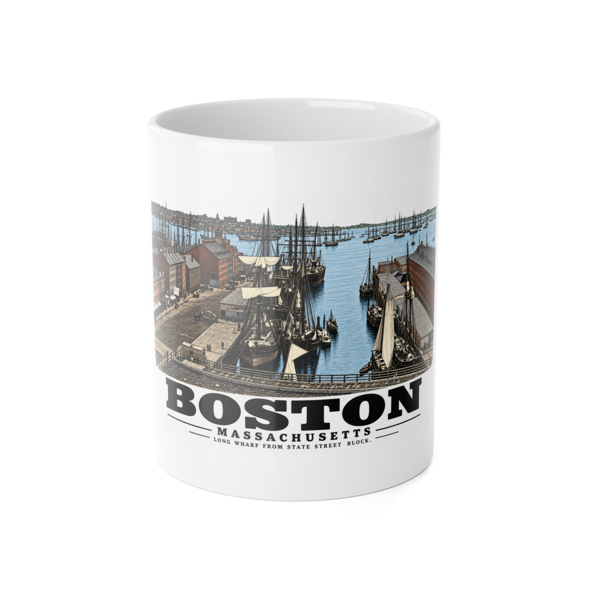 Long Wharf, from State St. block 11 oz White Ceramic Mug - Boston Harbor