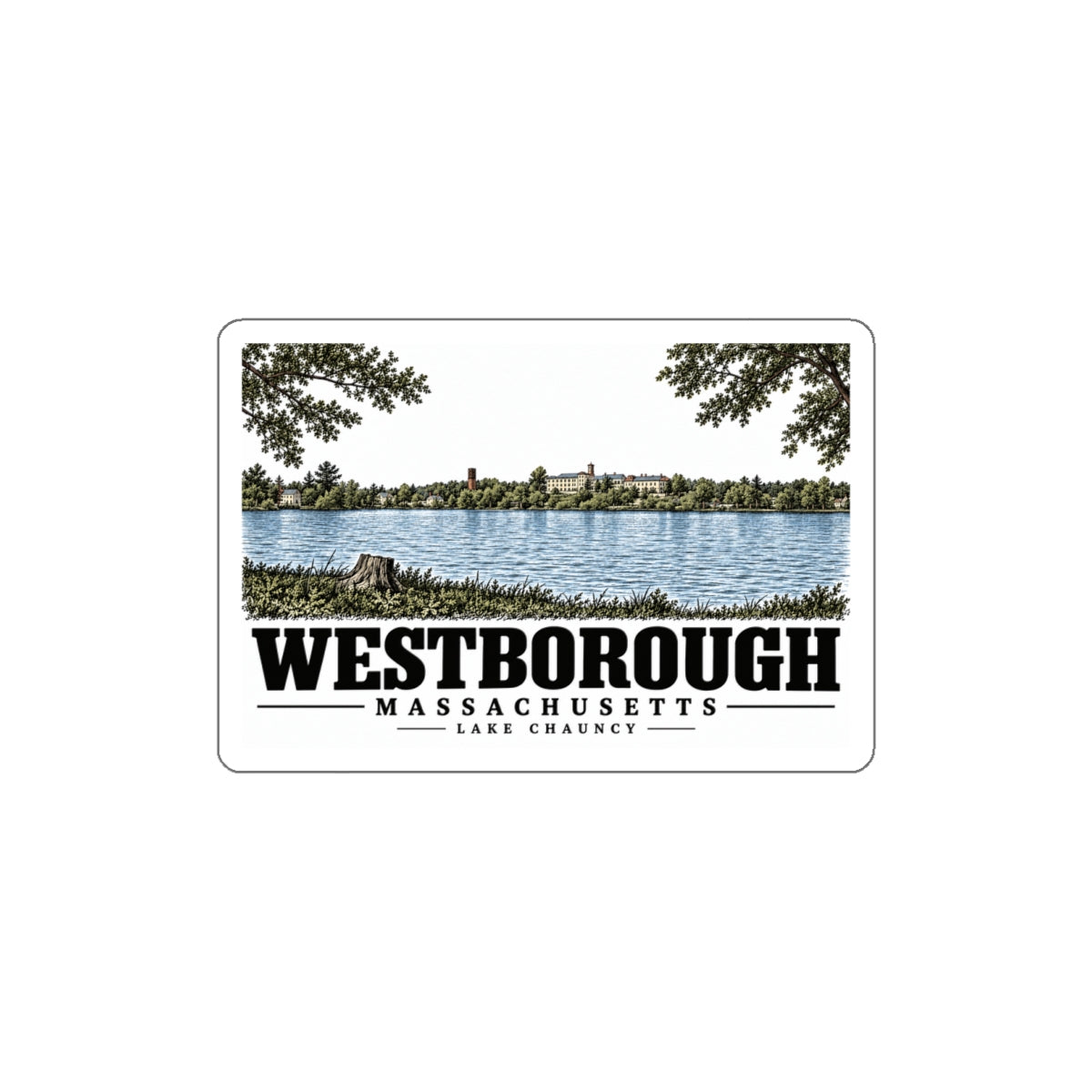 Illustrated Lake Chauncy in Westborough on die-cut sticker