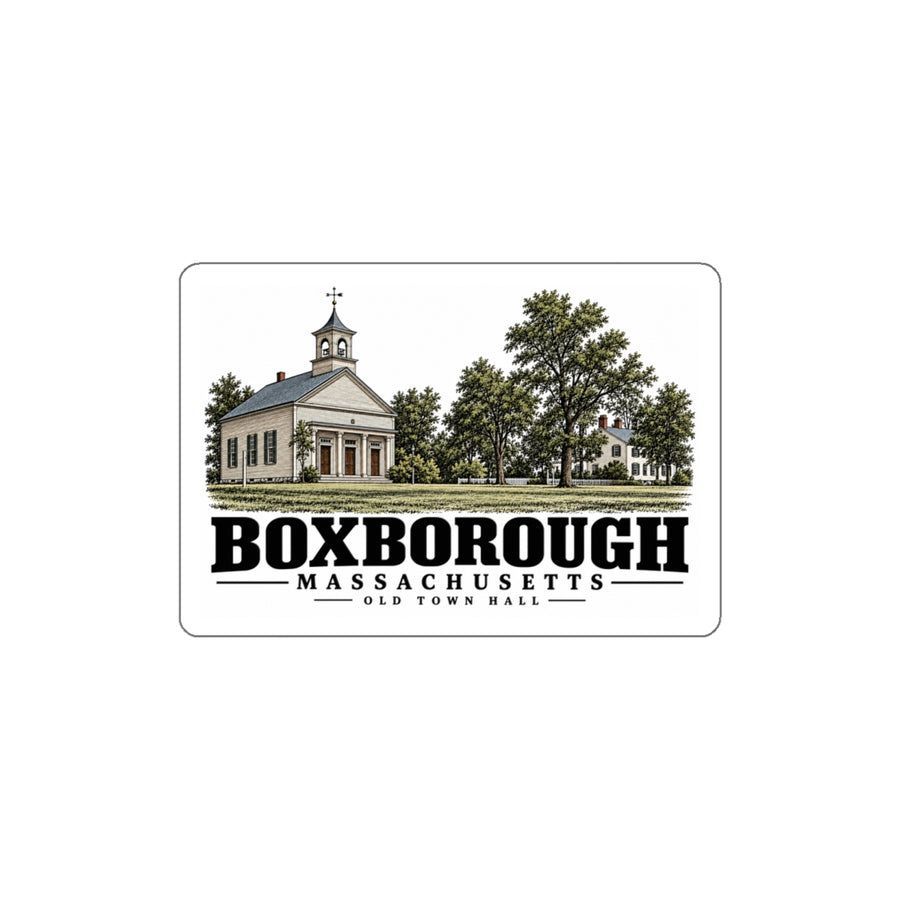 Illustrated Old Town Hall in Boxborough on die-cut sticker
