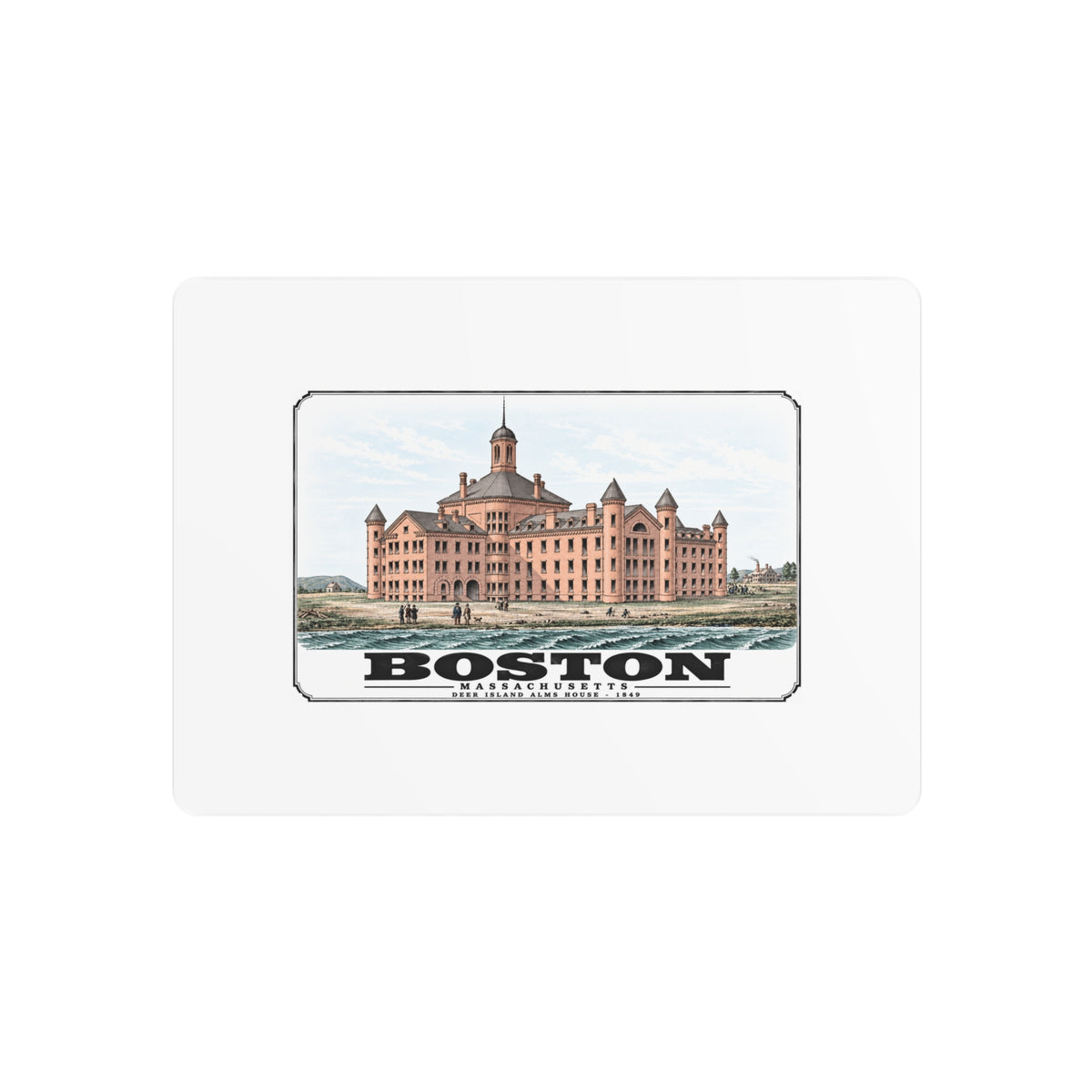 Metal wall print showing large symmetrical alms house building, grounds and figures artwork and Boston lettering