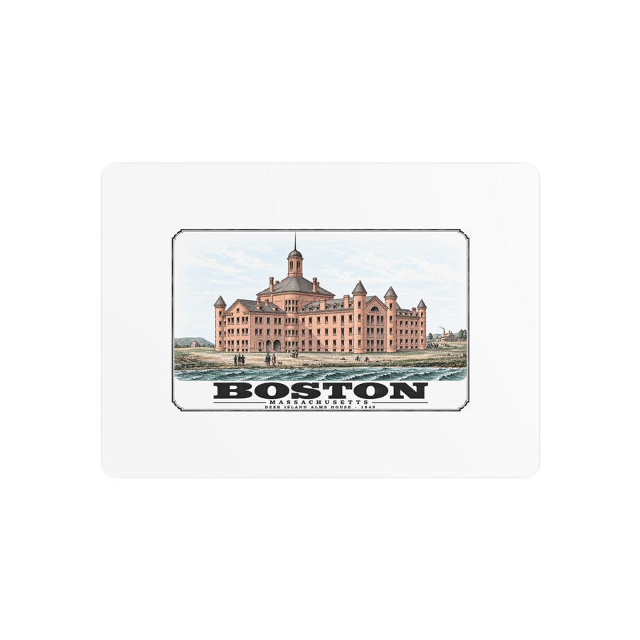 Metal wall print showing large symmetrical alms house building, grounds and figures artwork and Boston lettering