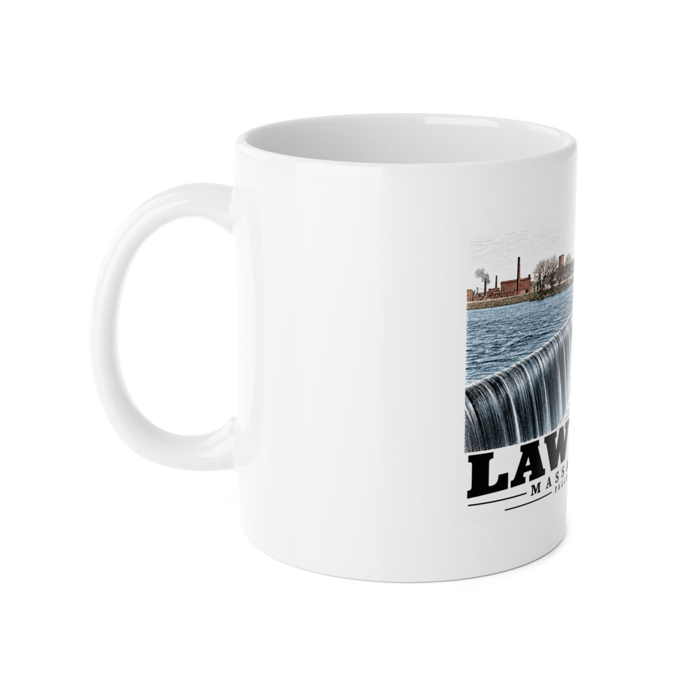 Left-handle side view of Falls at Lawrence white ceramic mug, Lawrence, Massachusetts.