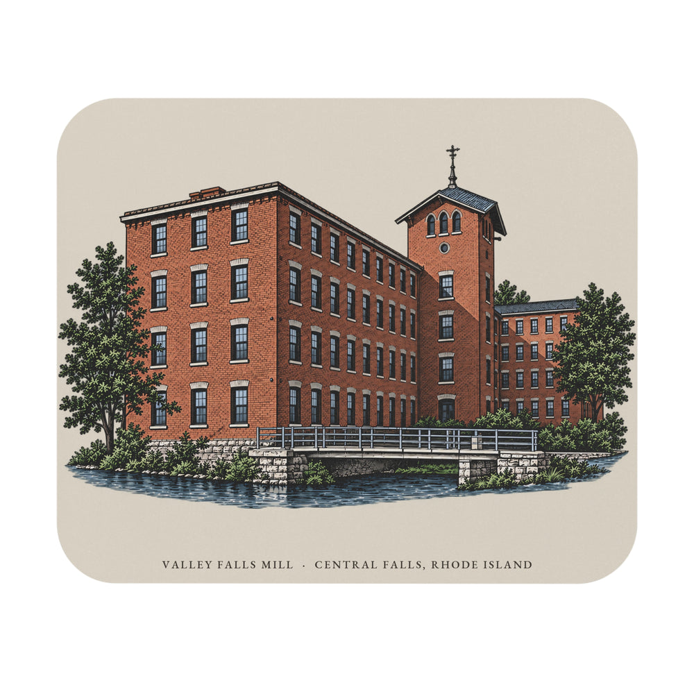 Central Falls Valley Falls Mill mouse pad mockup showing the full illustrated print