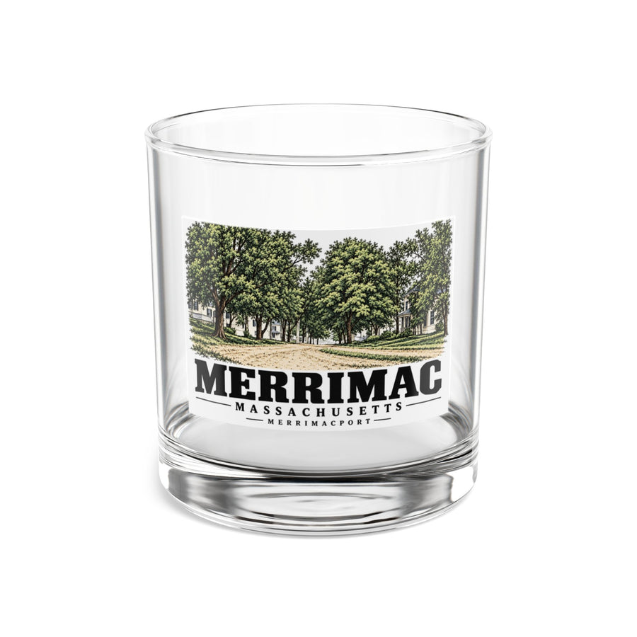 Front of Merrimac Street rocks glass, with Merrimac, Massachusetts artwork and lettering.
